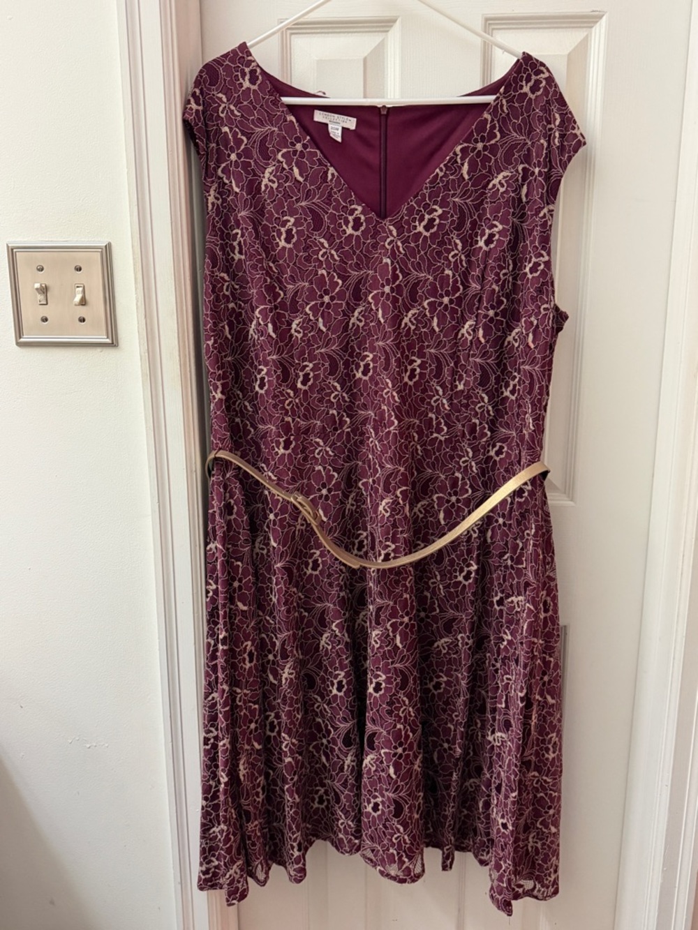 London Style Burgundy Lace Midi Dress with Gold Belt Accent